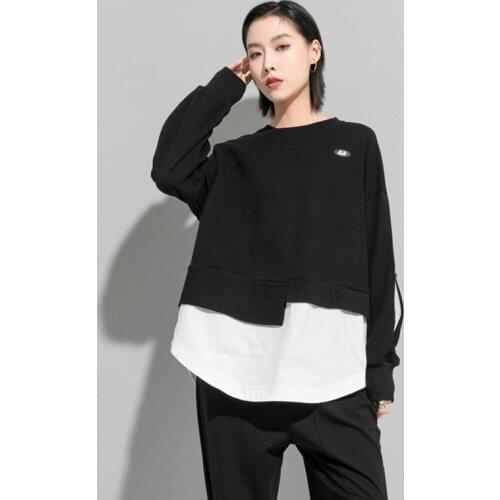 Spring Autumn Womens New Style Dark Irregular Splicing Shirt Loose Large Size Fake Two Long Sleeve T-Shirt Women top