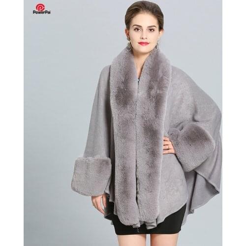 Fashion Noble Wide Rex Rabbit Fur Cape Coat Bat Sleeve Knit Cashmere Good Faux Fur Overcoat Women Winter Party Dress Cloak