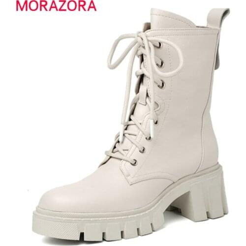 MORAZORA 2021 Top Quality Genuine Leather Boots Women Shoes Thick Heels Lace Up Autumn Winter Vintage Ankle Boots For Women