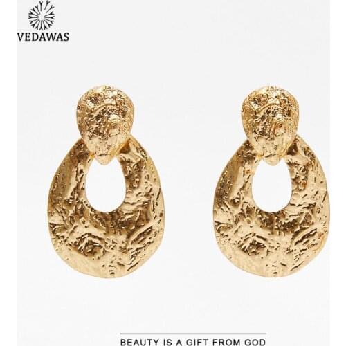 Vedawas ZA Irregular Textured Earrings for Women Vintage Metal Gold Color Flower Leaf Square Drop Earrings Accessories Jewelry
