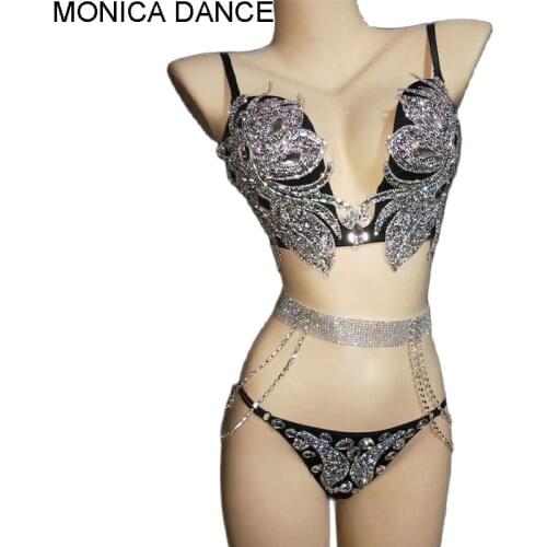 Bright Bikini Rhinestones Bra Low Waist Short Underwear Women Party Sexy Dance DJDS Costume Sequins Dance Wear Two Piece Set