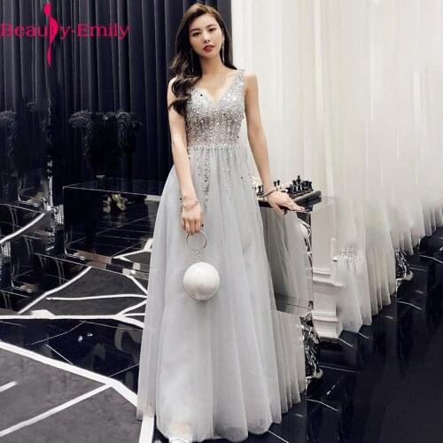Luxurious Beading Sequined V Neck Women Evening Dress Long 2021 Sexy Sleeveless Open Back Gray Evening Gowns for Women