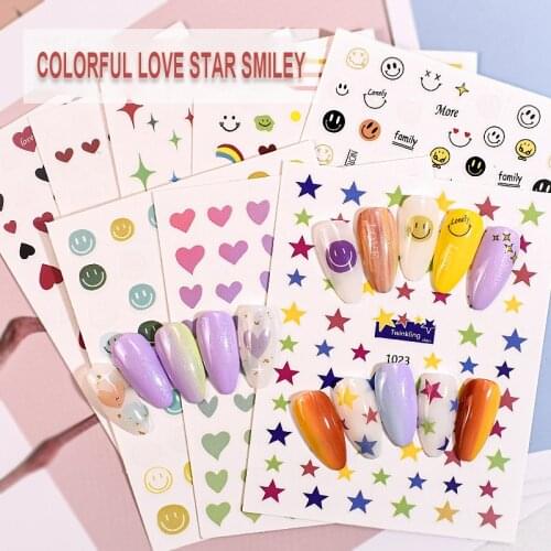 1PC Smiley gel nail art stickers and decals design accessories decorations cute Heart shaped stars
