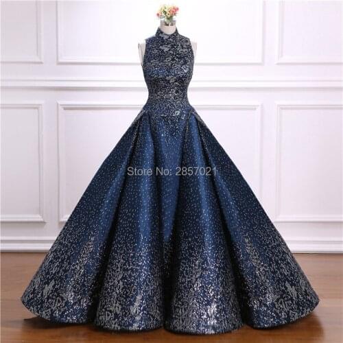 Ball Gown Arabic Dubai Formal Dresses Unique Fabric Sequined Halter Neck Evening Dresses Prom Gowns Turkish Evening Gowns