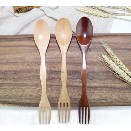DHL 200pcs Quality Wooden 2 in 1 Spoon Forks Set Natural Wood Cutlery Coffee Tea Spoons Salad Fruit Fork Utensils