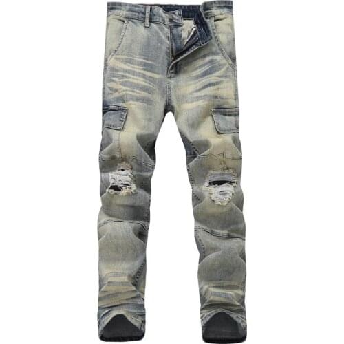 New Multi-Pocket Men Jeans Retro Slim Male Trousers Ripped Straight Man Denim Pants Big Size 28-38