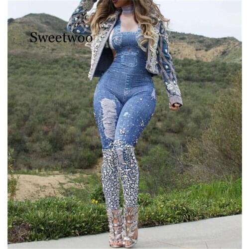 Blue European and American Fashion Jeans Jumpsuits Sexy Suspender Printing Leisure Pants spring and Summer Personality