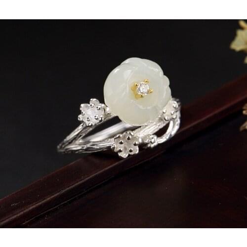 2018 Hot Sale S925 Pure Silver Natural Hetian Jade White Jade Inlay Ms Plum Flower Wholesale High-grade Opening Ring Ring