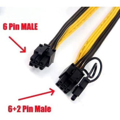 2pcs 60cm For Graphics Card PCIe 6 Pin Male To 8 Pin (6+2) MalebVendor PCI Express Power Adapter Cable