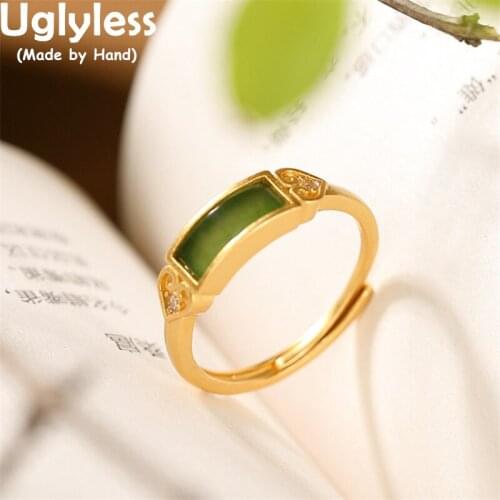 Uglyless Heart-shape Ethnic Gold Rings for Women Real 925 Silver Vintage Gemstones Jewelry Natural Square Jasper Rings Crystals