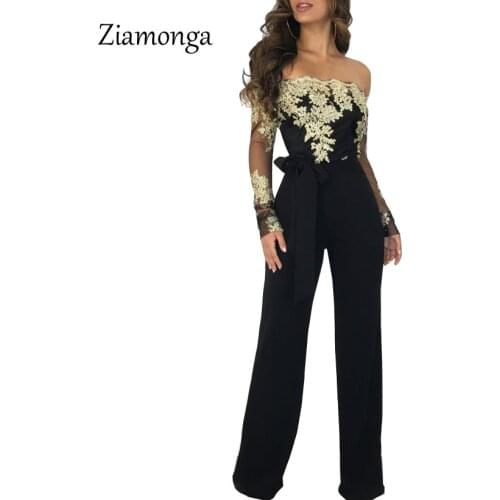 Ziamonga New Arrival Lace Jumpsuit Women Sexy Ladies Elegant One Shoulder Long Sleeve Overalls Femme Rompers Womens Jumpsuit