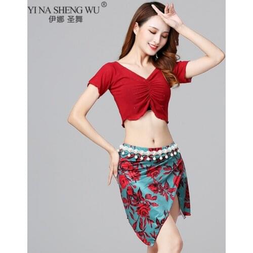 Belly Dance Training Suit Oriental Dance Performance Costumes Female Sexy Sequins Top Printing Short Skirt Dance 2 PCS Uniforms