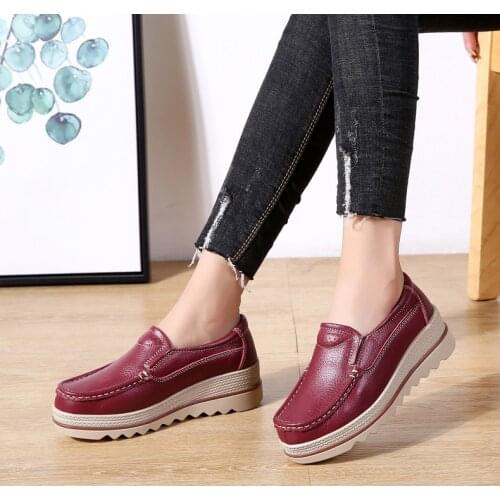 Autumn Women Leather wedge heel casual Shoes Solid color Sneakers Shoes Women Creepers women Genuine Leather Ladies Loafers