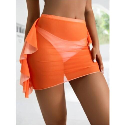 Hot Selling 2021 Trend Women Summer Bikini Cover-Up Solid Color High Waist Package Hip Skirt See-Through Mesh Beach Short Skirt