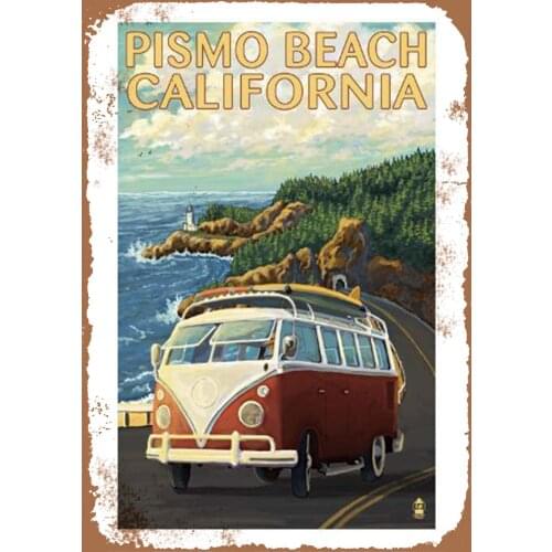 Losea Bus On The Way Pismo Beach, California Vintage Metal Sign,Tin Sign for Home & Garage Wall Decoration 16x12 Inches