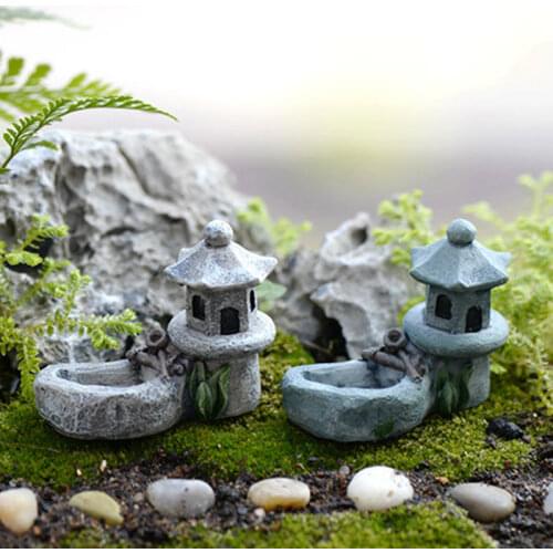 Mini Retro Pond Tower Resin Craft Fairy Garden Decor Figurines Toys DIY Miniatures Terrarium Micro Landscape Home Ornaments