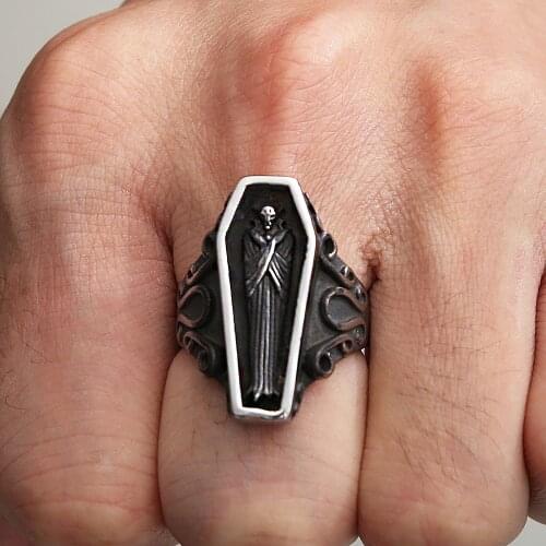 Goth Vampire Skull Ring Men Boy Punk Street Black Stainless Steel Coffin Ring Gothic Biker Jewelry Gift Free Shipping