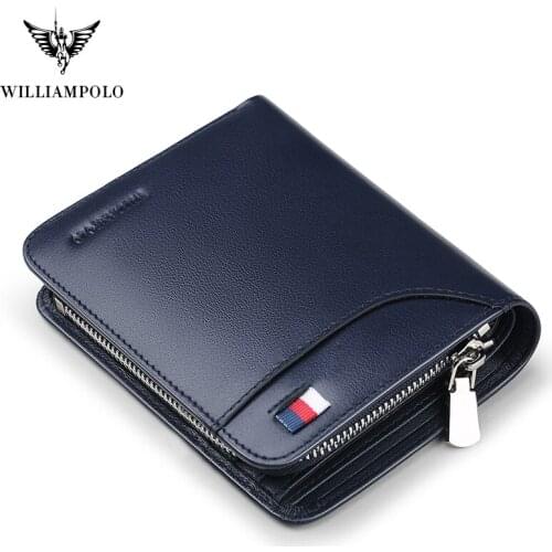WILLIAMPOLO Men Wallet Short Credit Card Holder Genuine Leather Organizer Multi Card Case Coin Cash Purse Zipper Pocket Wallet