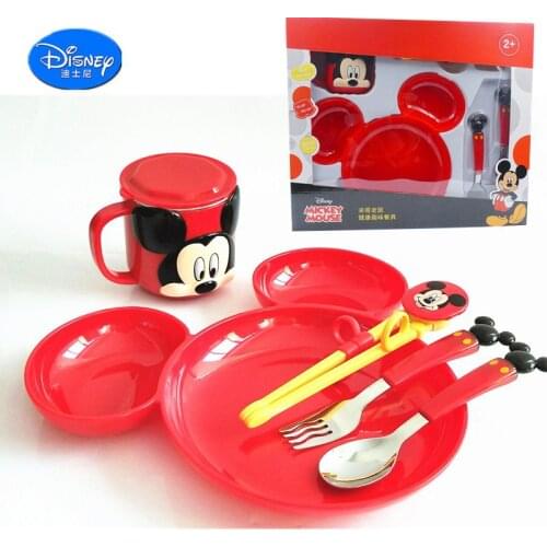 Disney Childrens Dinnerware Set Auxiliary Tableware Bowl Baby Feeding Set Mickey Minnie Milk Cup Chopsticks Spoon Fork Set