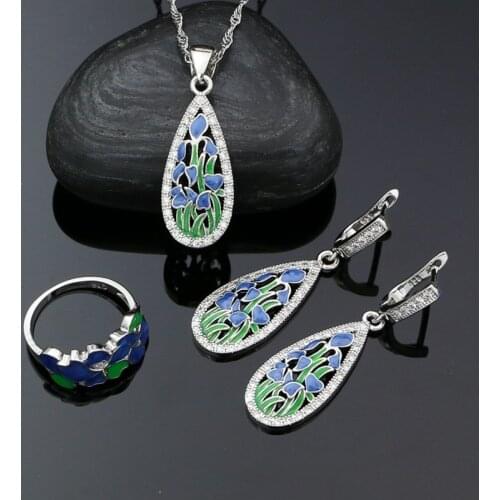 925 Sterling Silver Blue Enamel Bridal Jewelry Set For Women Party Accessories Water Drop Earrings Ring Pendant Necklace Set