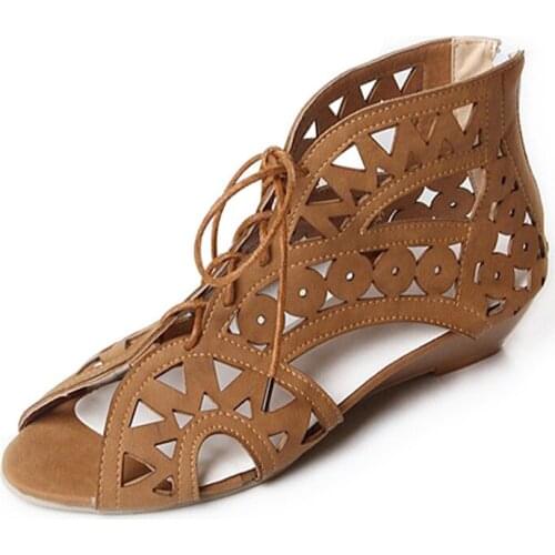 New Arrival Bohemian Summer Shoes Women Cutouts Lace Up Gladiator Sandals Low Heels Wedges Open Toe Women Beach shoes XKD4285