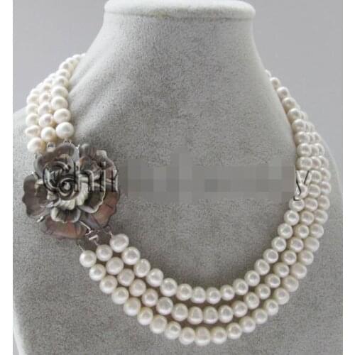 P7115 - 3row 17-19" 8-9mm natural white round freshwater pearl necklace - shell