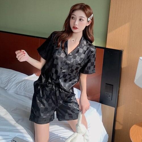 Sexy Plaid Satin ice silk shorts pajamas sets women summer Korea fashion fresh black white short sleeve sleepwear women pyjamas