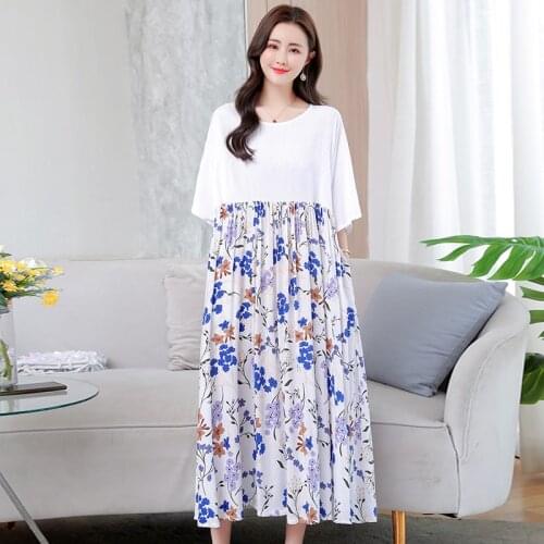 Plus size Fashion Boho Long Dress for Women O-Neck Short Sleeve Print Large Hem Beach Long Dress Elegant Womens Dress 2021