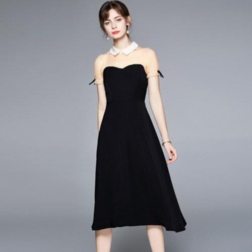 French Vintage Mesh Splicing Black Dress High Quality Hepburn Women Short Sleeve Slim Office Business Party Dress Ladies Simple