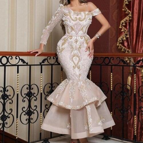 Mermaid prom dresses 2021 long sleeve lace beading pearls tiered floor length vintage evening dresses