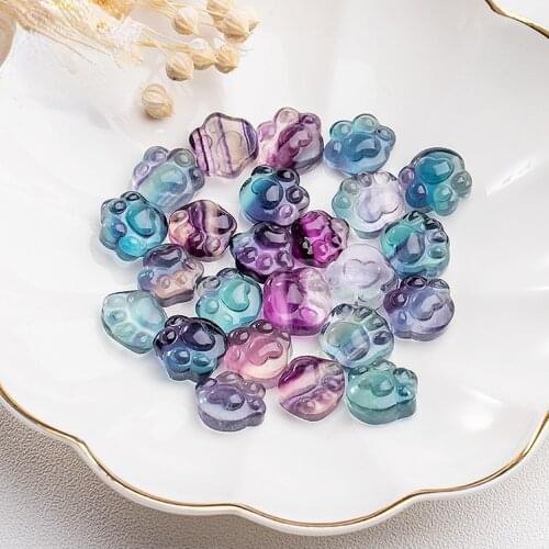Natural Fluorite Quartz Crystal Carved Rainbow Cute Small Cat Paw Stone Healing Aquarium Mineral Stone DIY for Home Decoration