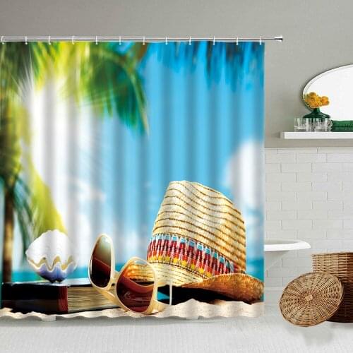 Sunny Beach Ocean Coconut Holiday Shower Curtain Blue Sky Books Sunglasses Straw Hat Bathroom Waterproof Polyester Curtains Set