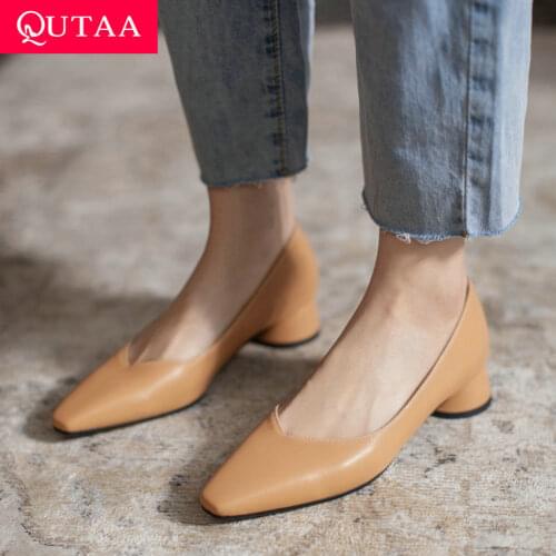 QUTAA 2021 Women Pumps Pointed Toe Microfiber Shallow Ladies Shoes Spring Autumn Female All Match Square Med Heels Size 34-39