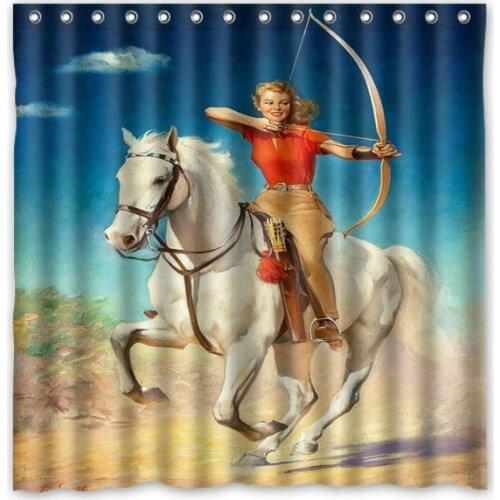 Vintage Pin Up Girl Ride White Horse Toxophily Printed Waterproof Polyester Shower Curtain&Bath Curtain(Size 180X180CM)