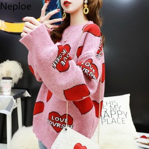 Neploe Women Oversized Sweater Pullovers O-neck Sweet Heart Letters Printed Pull Jumpers Long Sleeve Pink Street Knit Tops 54980