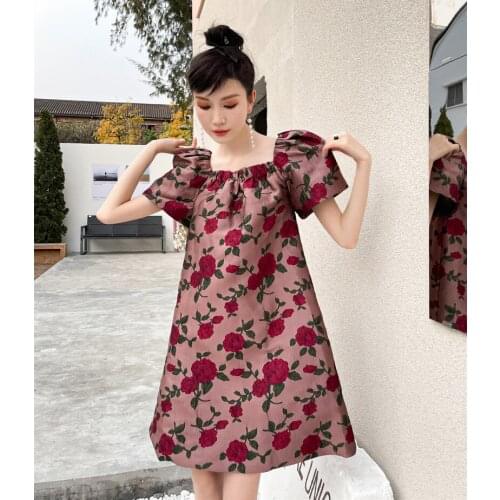 2021 Fashionable Womens Temperament Elegant Mini Dress Puff Sleeve Square Neck Rose Jacquard Retro Cute Kawaii Dress