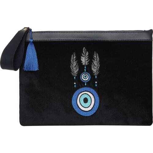Dream Catcher Embroidered Velvet Clutch Bag, Embroidered Handbag with Leather Wristed Strap and Saxe Silk Tassel, Embroidery Clu
