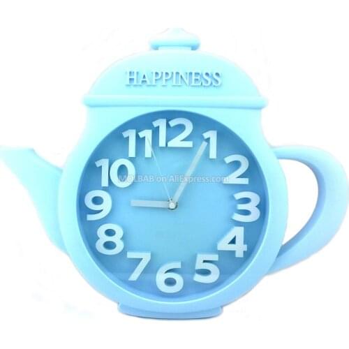 Large Blue Teapot Wall Clock Glass Cover Numerical Watch Dial Modern Style Quiet Quartz Timepiece ABS Plastic Crafts Home Decor