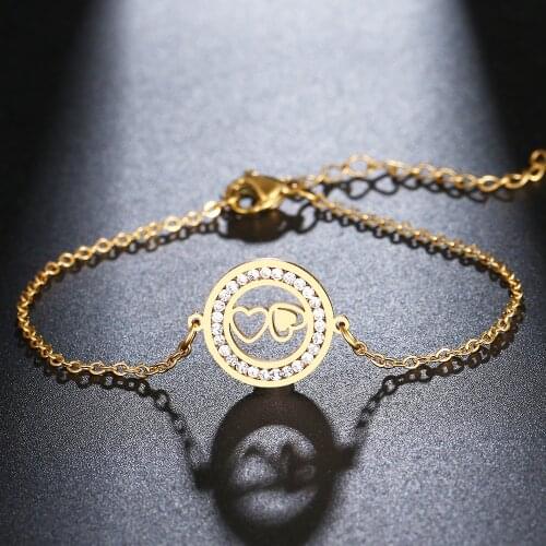 CACANA 316L Stainless Steel For Women Crystal Bracelet Hollow Double Love Round Bracelets Gold Color Engagement Gifts Jewelry