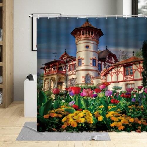 Garden Flowers Shower Curtain Tulip Courtyard Green Plants Country Oil Painting Forest Scenery Wall Cloth Bathroom Curtains Sets