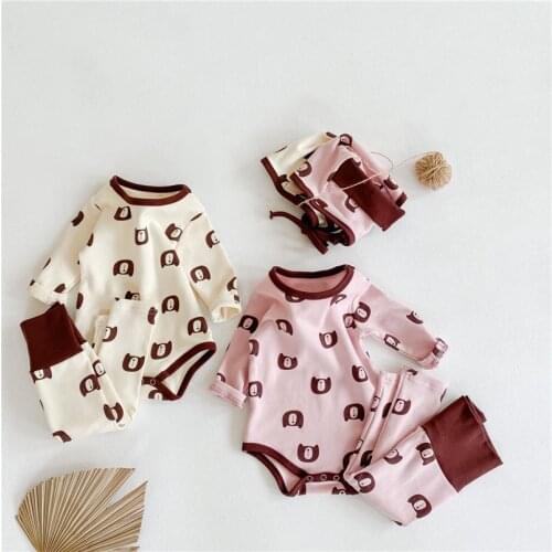 Spring New Baby Boys Romper Long Sleeve Cartoon Bear Printing Bodysuit for Newborn Baby Pajamas Children Overalls Pants Cap