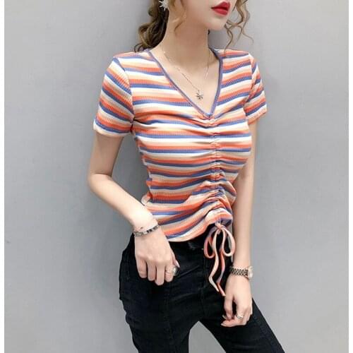 Rainbow Stripe T-shirt Women Summer Drawstring Slim V-neck Short Sleeve Color Short T Shirt Top Harajuku