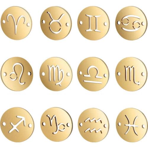 Julie Wang 12PCS/Set 12 Constellations Zodiac Connectors Golden Stainless Steel Necklace Bracelet Jewelry Making Accessory
