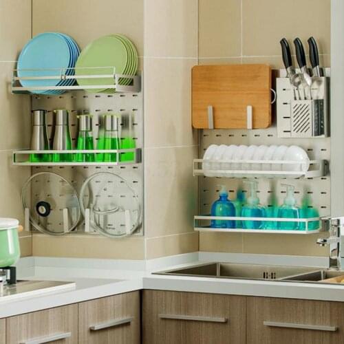 Stainless steel hole plate kitchen racks seasoning tool pot lid kitchen wall hanging storage rack wall drain dish rack