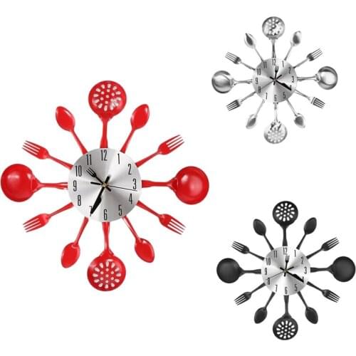 Metal Kitchen Cutlery Wall Clock 14 Inch with Fork Spoon 3D Non Ticking Quartz Watch Clock for Bedroom Home Decor