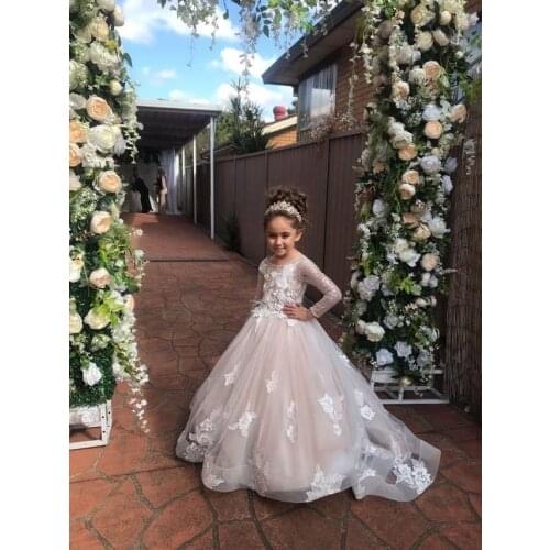 2019 Gorgeous Long Sleeve Blush Pink Flower Girl Dresses For Wedding Lace Applique Tulle Feather Princess Child Pageant Gowns
