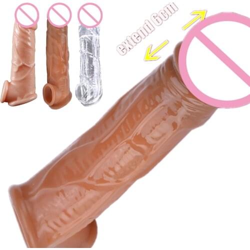Male Dildos Condom Reusable Penis Sleeve Delay Ejaculation Penis Enlargement Extender Sex Toys for Men Enhancer Extend 6cm