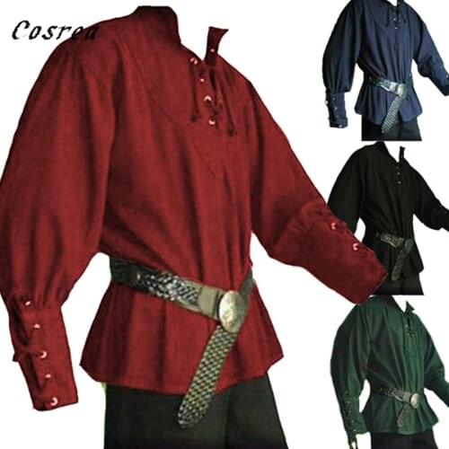 New Wholesale Mens Medieval Renaissance Long Sleeve Shirt Bandage Tops Halloween Landlord Knight Shirt Vintage Costume Blouse