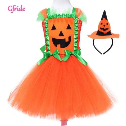 New Girls Pumpkin Dress With Headband Girls Gauze Tutu Skirt Halloween Kids Dance Performance Costume Children Clothing Orange