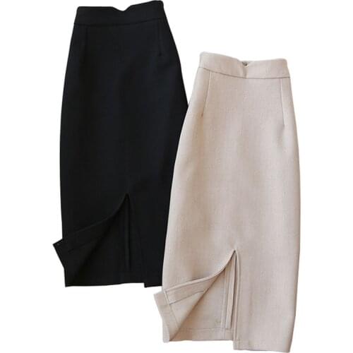 Autumn Winter Woolen Skirts Women Pencil Skirt High Waist 2020 Women Office knee length skirt